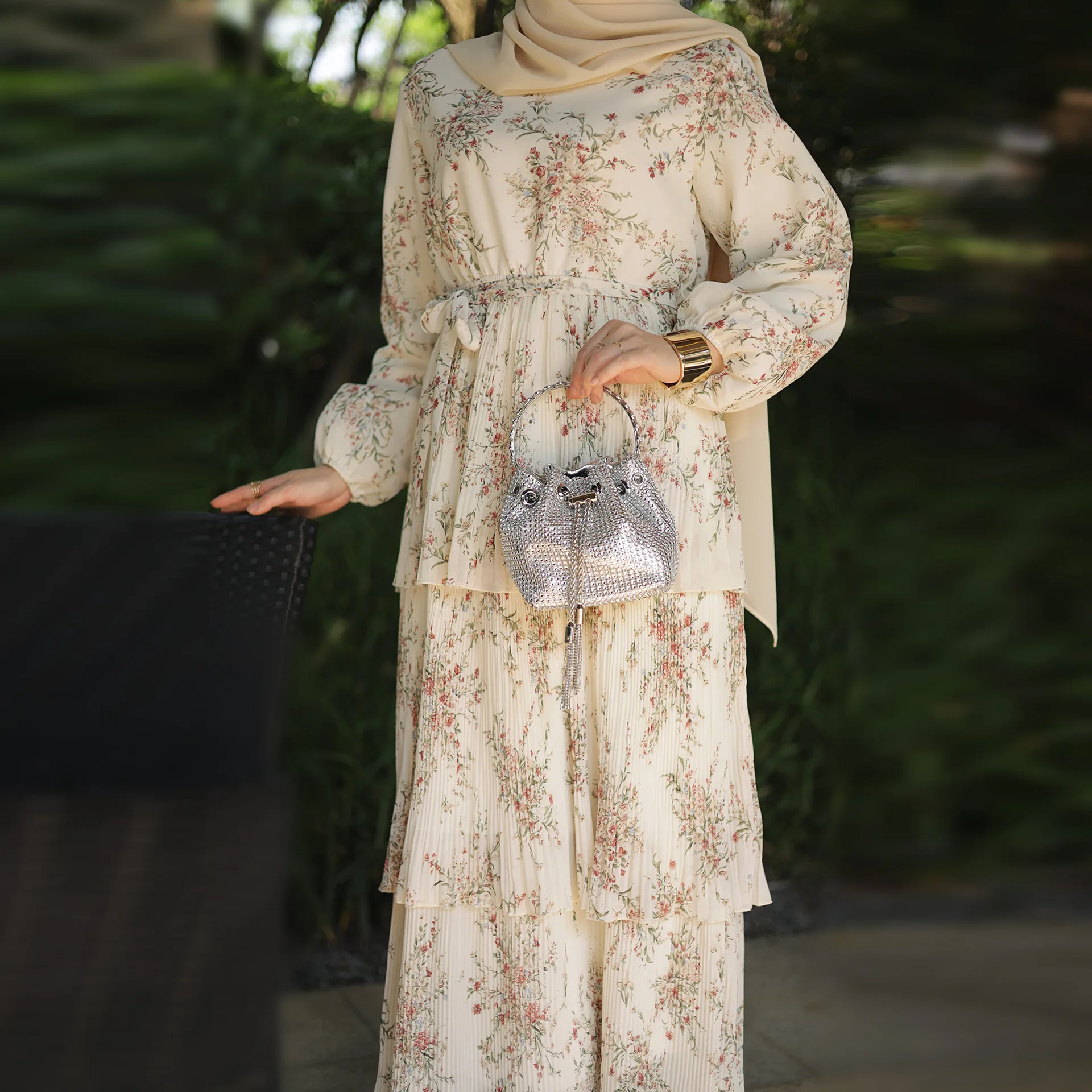 Summer Floral Print Pleated Layer Frill Long Dress Chiffon V Neck Muslim Women Abaya Hijabi Modest Robe Ramadan Eid Islam