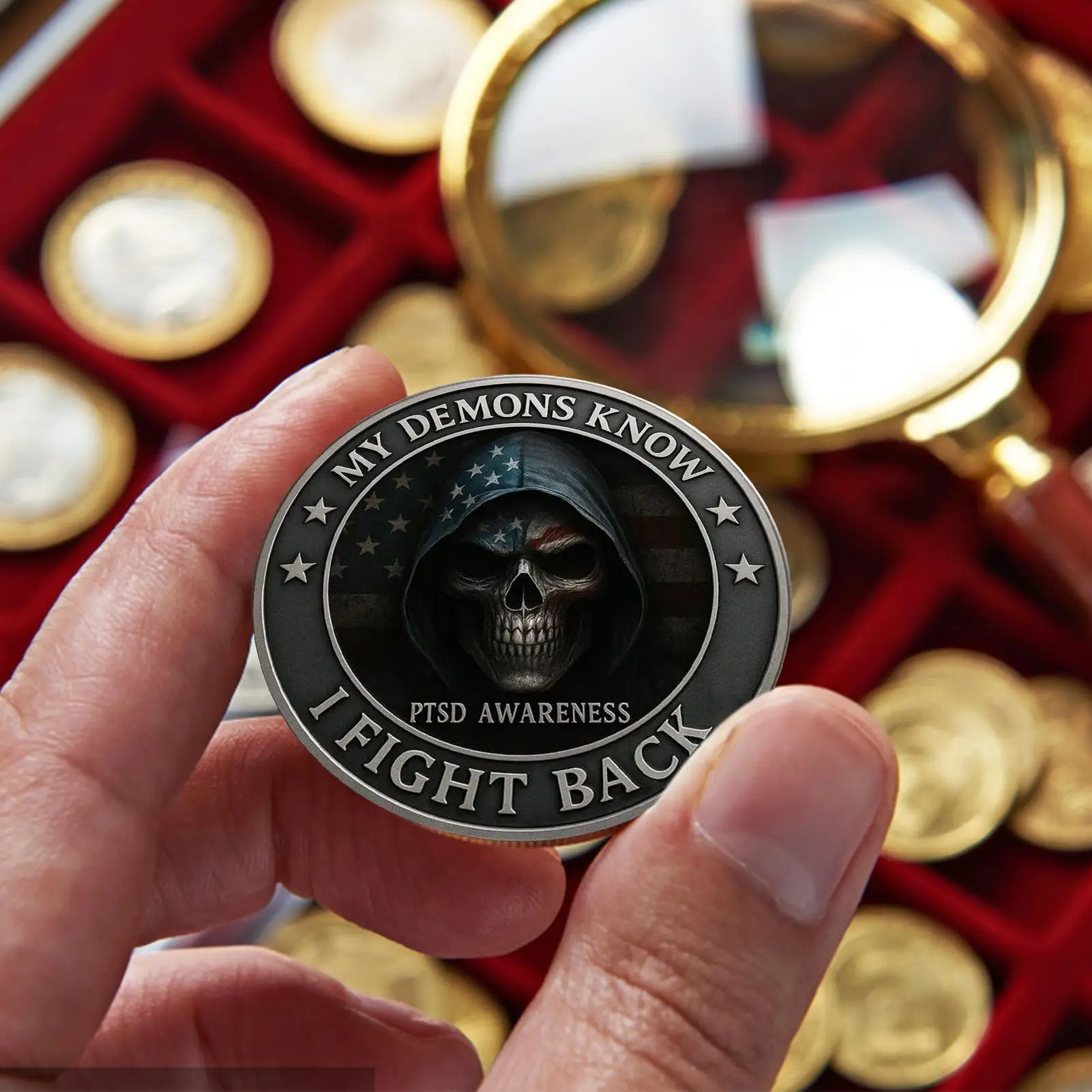 Moneda coleccionable de mis demonios Know I Fight Back Challenge para el día conmemorativo, recuerdo portátil de doble cara para veteranos
