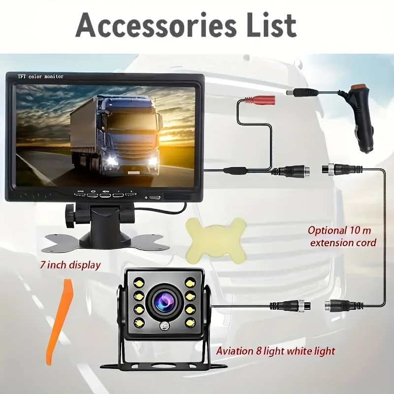 7" Monitor Wired Heavy Duty CCD 8 Leds Rear View Camera 10m Cable Reversing Backup Camera for Motorhome Caravan Bus view 4