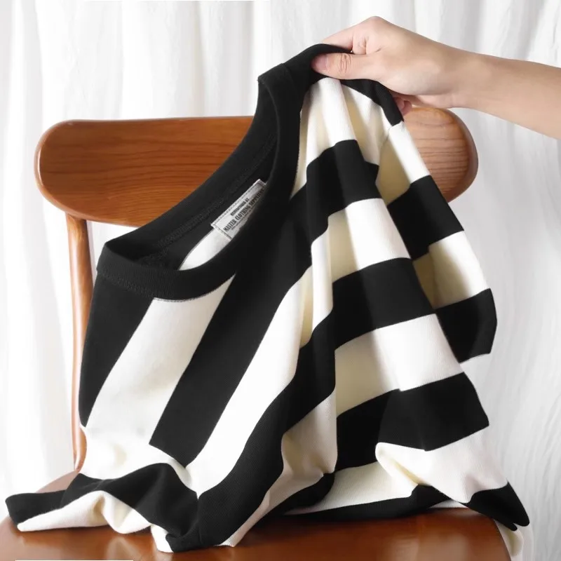 dana-casual-loose-couple-ort-sve-striped-t-irt-bla-white-heavyweight-summer-basic-irt-casual-korean-sle