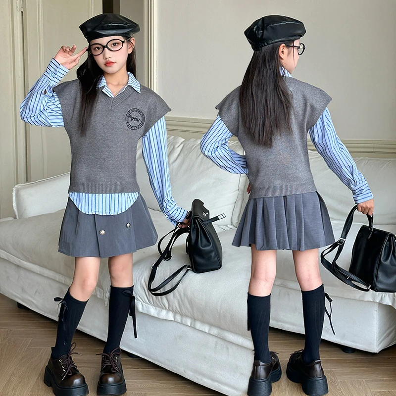 autumn 10 12 14 teenage girls JK clothes set Sweater vest+Blue striped shirt+Pleated skirt 3pcs junior kid suit children outfits