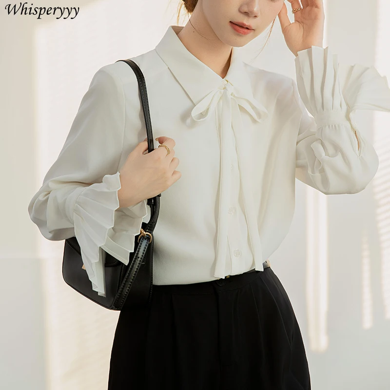 قميص أزرق أنثى ربيع الخريف التلبيب القوس مضيئة كم بلايز بلون واحد الصدر الوظيفي في بلوزة عصرية للنساء #4