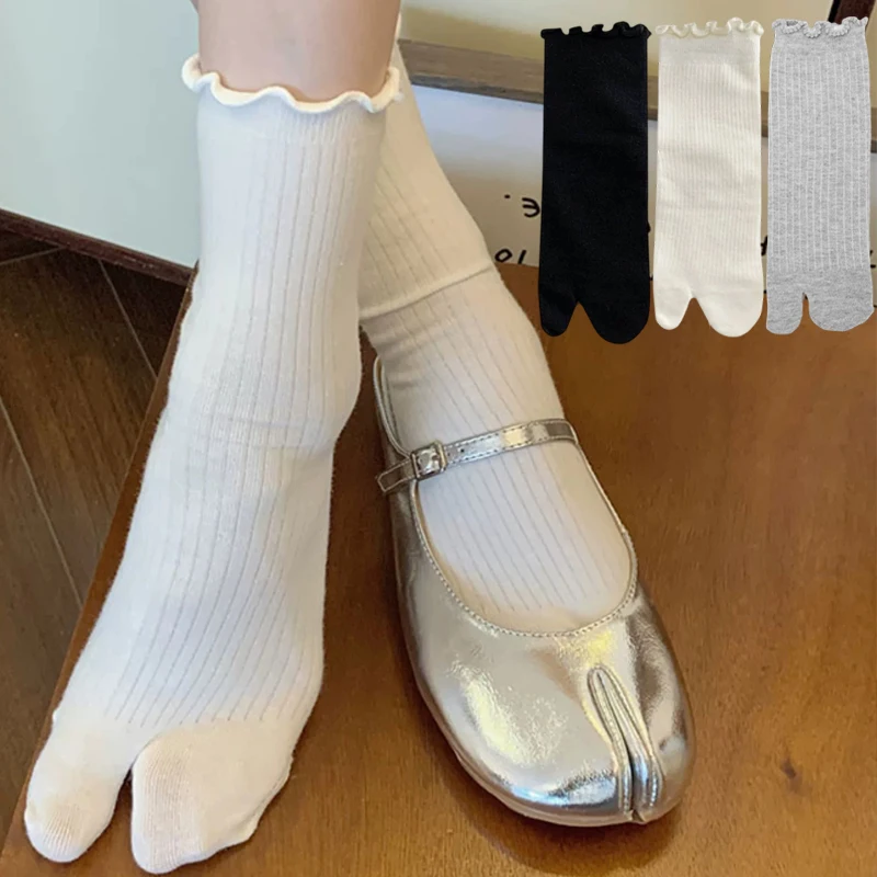 Ruffle Trim Split Toe Socks Sweet Frilled Edge Separate Finger Socks Soft Breathable Warm Hosiery Daily Casual Wear Accessories
