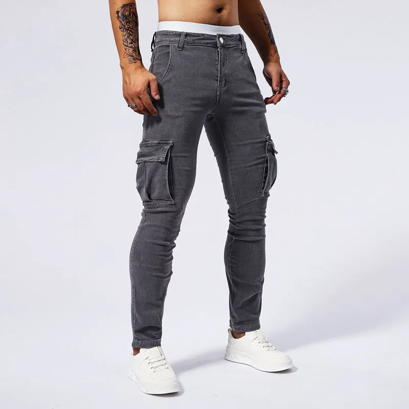 2024 New workwear style jeans men's tight, elastic, casual fashion summer men's multi pocket slim fit small feet pants