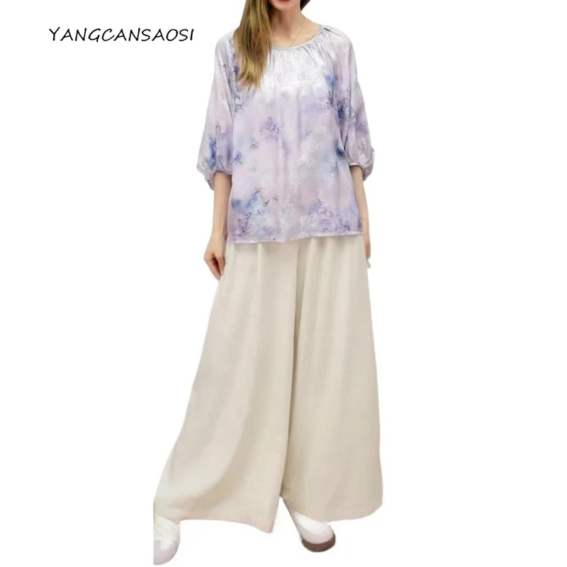 المرأة عادية أوائل الخريف نمط جديد 100% حرير التوت الطبيعي HuaLuo الرقبة المستديرة ثلاثة أرباع فانوس كم تي شيرت مطبوع