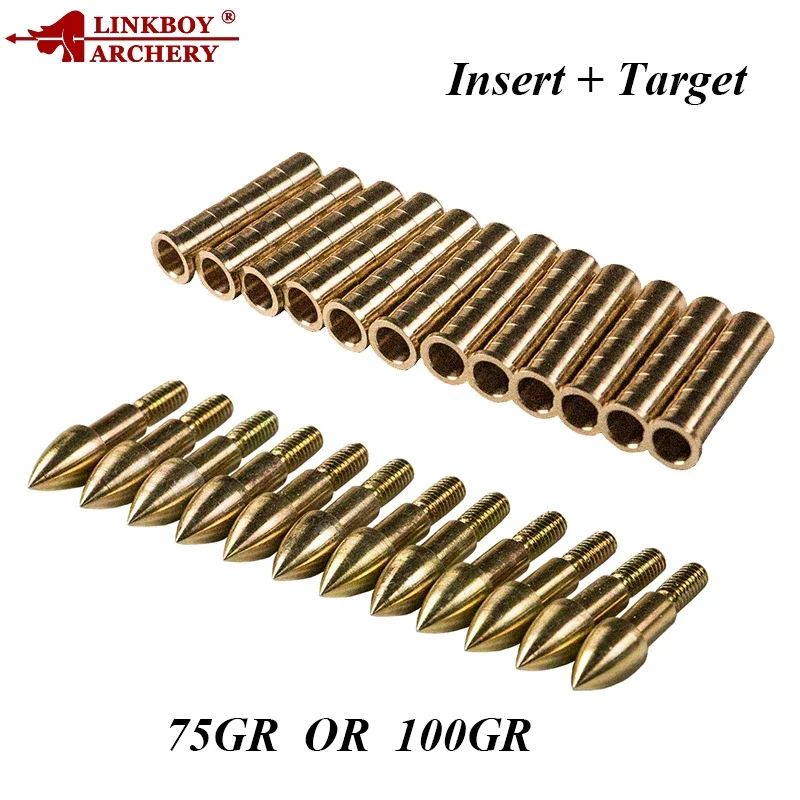 

12Pcs ID6.2mm Linkboy Archery Accessories Copper Arrow Insert Shaft + Gold Archery Target Point 75/100gr Arrow Head Hunting