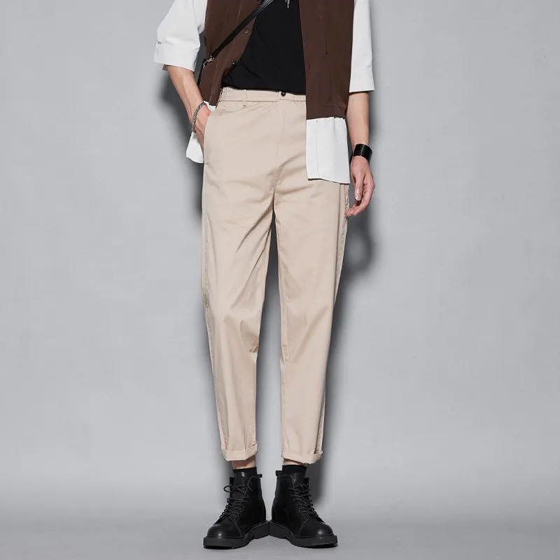 High Quality Washed Cotton Apricot and Lime Fashion Simple Pants Nine Points Skinny Pants Male Tapered Retro