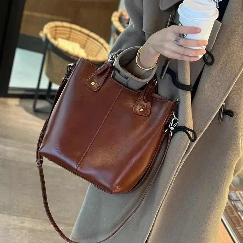 Zency 100% Genuine Leather Handbag Retro Coffee Women Casual Tote Bucket Bag Classic Black Lady Crossbody Messenger Purse