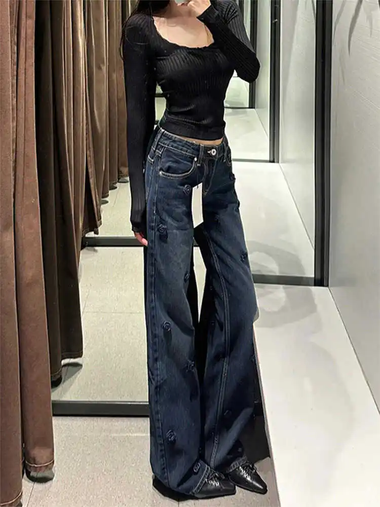 Calça jeans feminina cintura baixa perna reta 2000s y2k harajuku designer azul cowboy high street chique nova maré flor nova