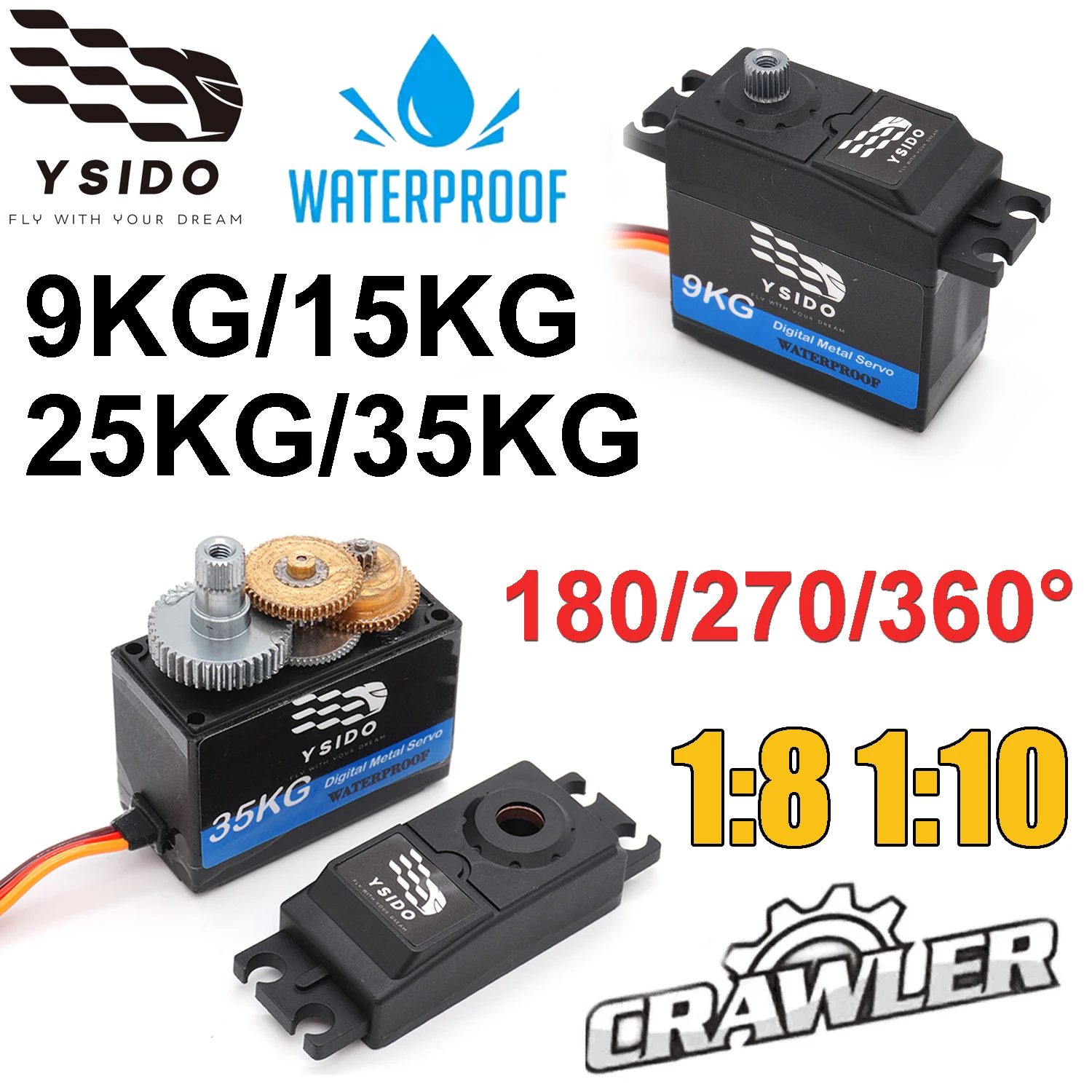 YSIDO Wasserdichter Servo 9KG/15KG/25KG/35KG Metallgetriebe Digital Servo 180/270/360 °   für 1/10 1/8 Traxxas Axial SCX10 RC Crawler Car