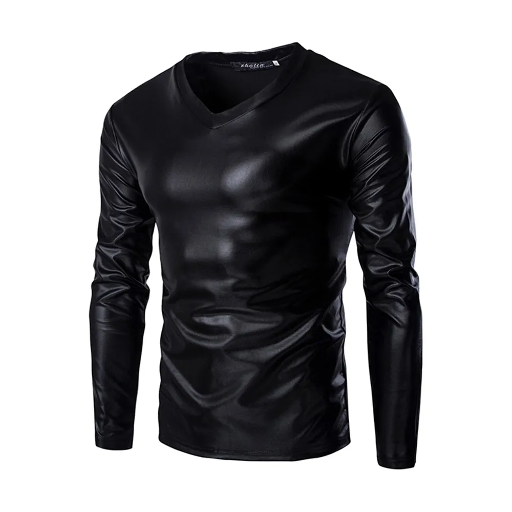 

Fashion Men's PU Leather T-Shirts Glossy Nightclub Performance Stage Tees Top Long Sleeve Shiny T-Shirt Men's Clothing