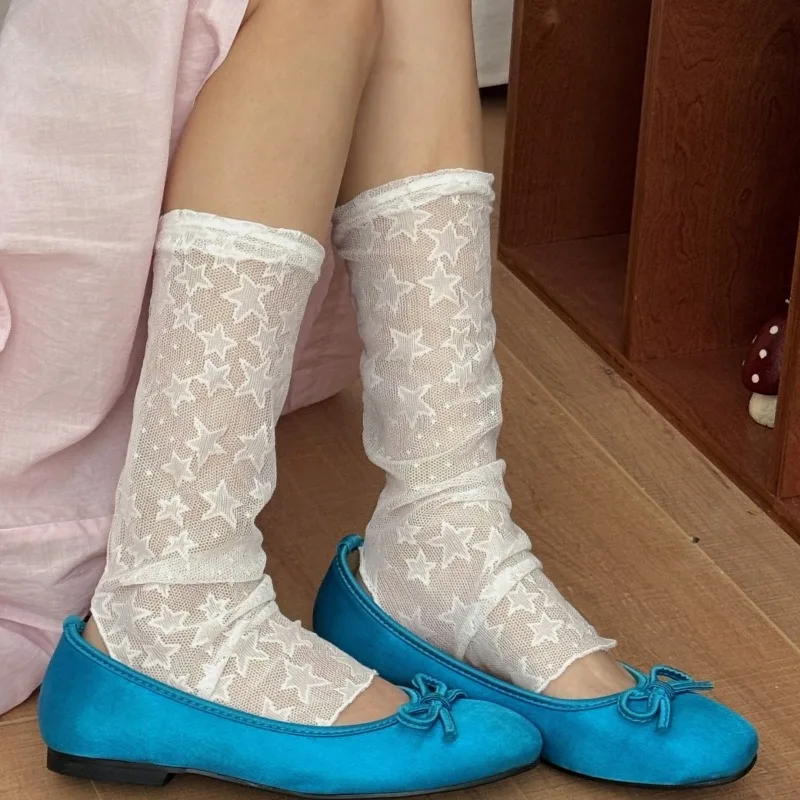 SP&CITY Unique Korean Fashion Mesh Star Stepping Leg Socks Thin Cross Knee Hollow Out Mesh Stacking Socks Hipster Lolita Sock