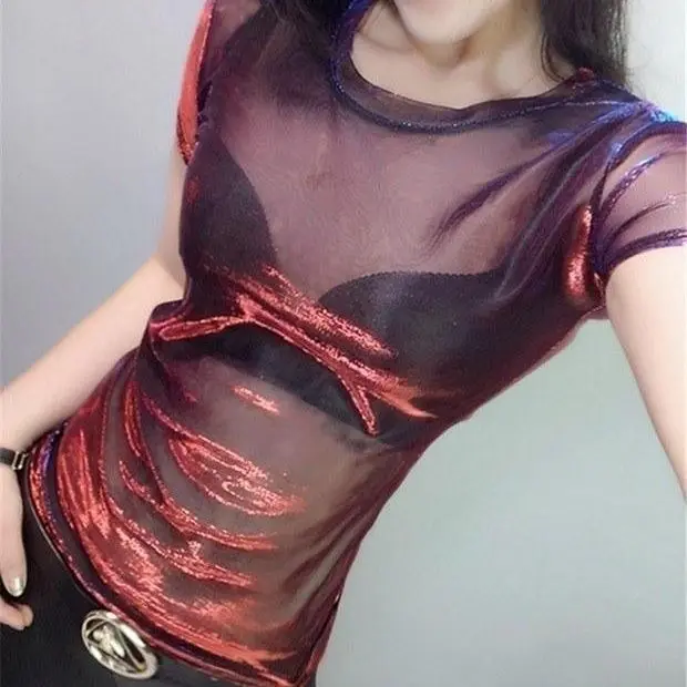 2025 New Spring and Summer Perspective Gradient Pearlescent Silk Round Neck Short Sleeve Base Shirt Lace Pullover