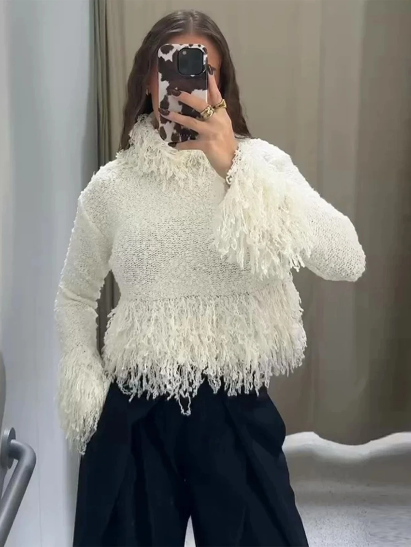 

Chic Knitted Tassel Pullover Women All-matching Stand Collar Solid Full Sleeve Sweater Female Fashion Autumn