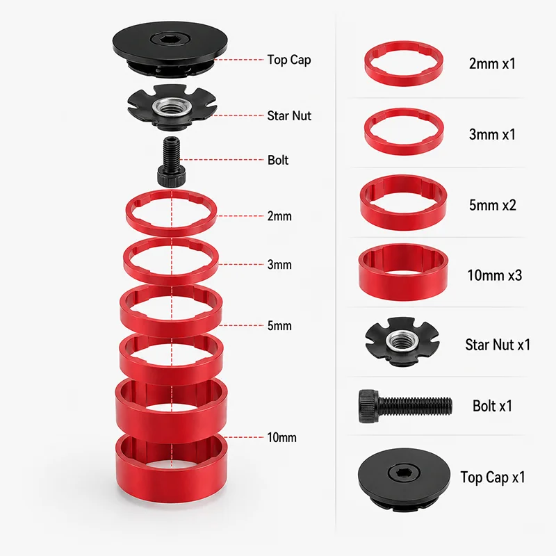 1-1/8 Inch Bicycle Headset Spacer Kit 28.6mm Aluminum Stem Spacers 2/3/5/10mm with Top Cap Star Nut Bolt