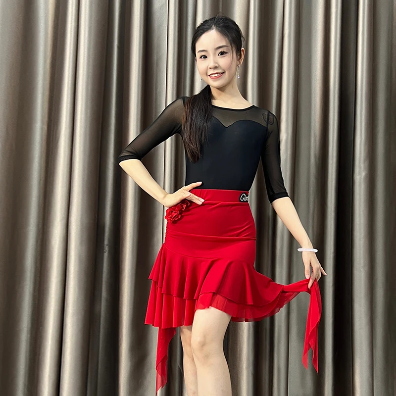 nouveau-costume-de-spectacle-de-danse-latine-haut-a-manches-longues-en-maille-jupe-courte-sexy-en-queue-de-poisson-2-pieces-tenue-d'entrainement-de-tango-samba-pour-femmes