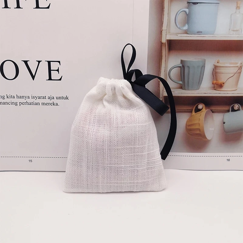 50pcs Jewelry Cotton Gift Bag with Black Ribbon 9x12cm Wedding Birthday Party Candy Pouch Jewelry Packaging Display&Pouches