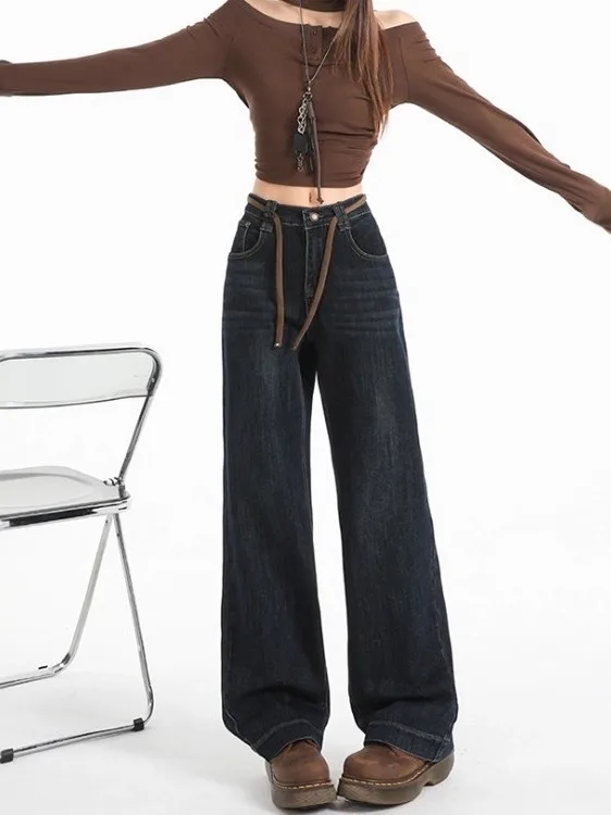 

Американские ретро-джинсы с высокой талией, свободные, широкие штанины, женские, осенние, новые, повседневные, длиной в пол, цвета: черный, золотой, синий