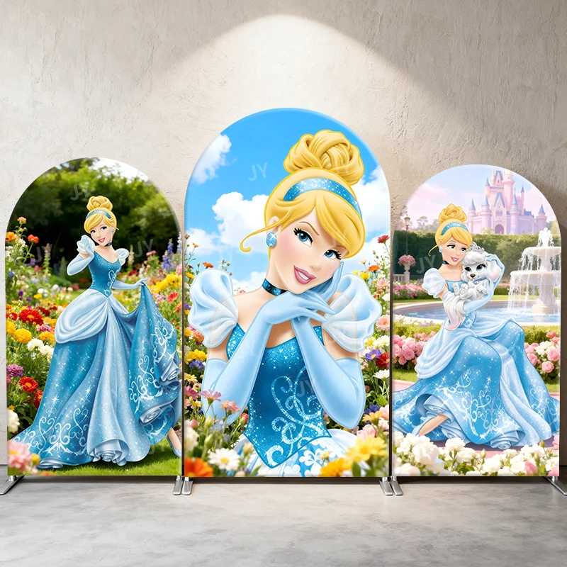 

Cinderella Princess Arch Backdrop Cover Floral Garden Castle Disney Theme Event Photography Decoration for Girls Birthday Party