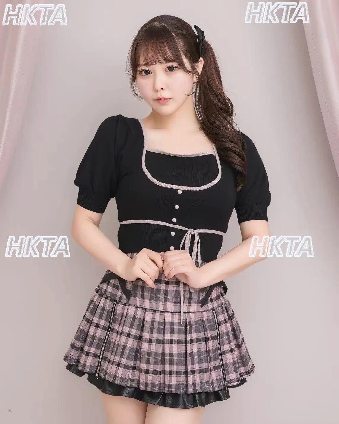 Japanese Plaid Pleated Skirt Autumn New High Waist Leather Buckle Strap Zipper Short Skirt Women Short Sleeve Knitted Shirt Top