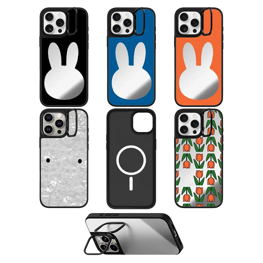 

Flower Rabbit Shape Mirror Surface Camera Stand Magnetic Phone Cover for IPhone 14 15 16 17 Pro Max Case for IPhone 17Pro