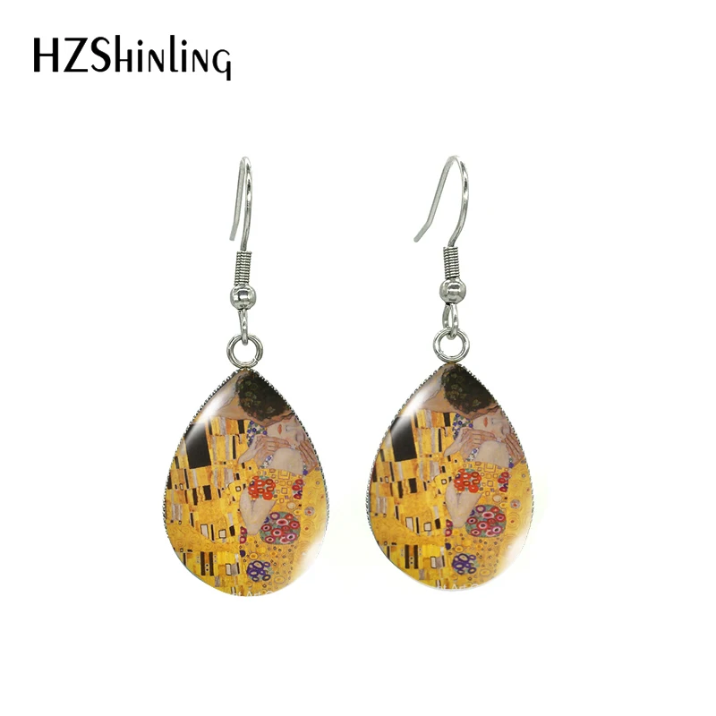 2020 New Gustav Klimt Kiss Painting Tear Drop Stainless Steel Earrings Golden Tears Mother and Baby Paintings Fish Hook Earrings