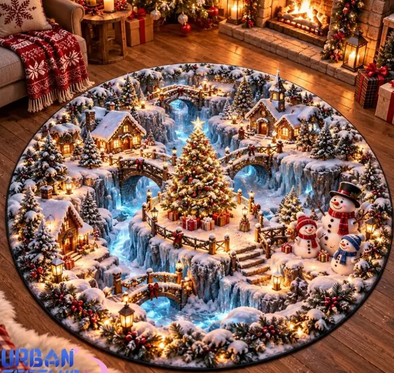 Winter Village Christmas Round Rug, Snowy Holiday Town Area Rug Christmas Tree Floor Decor, Cozy Winter Wonderland Home Accent