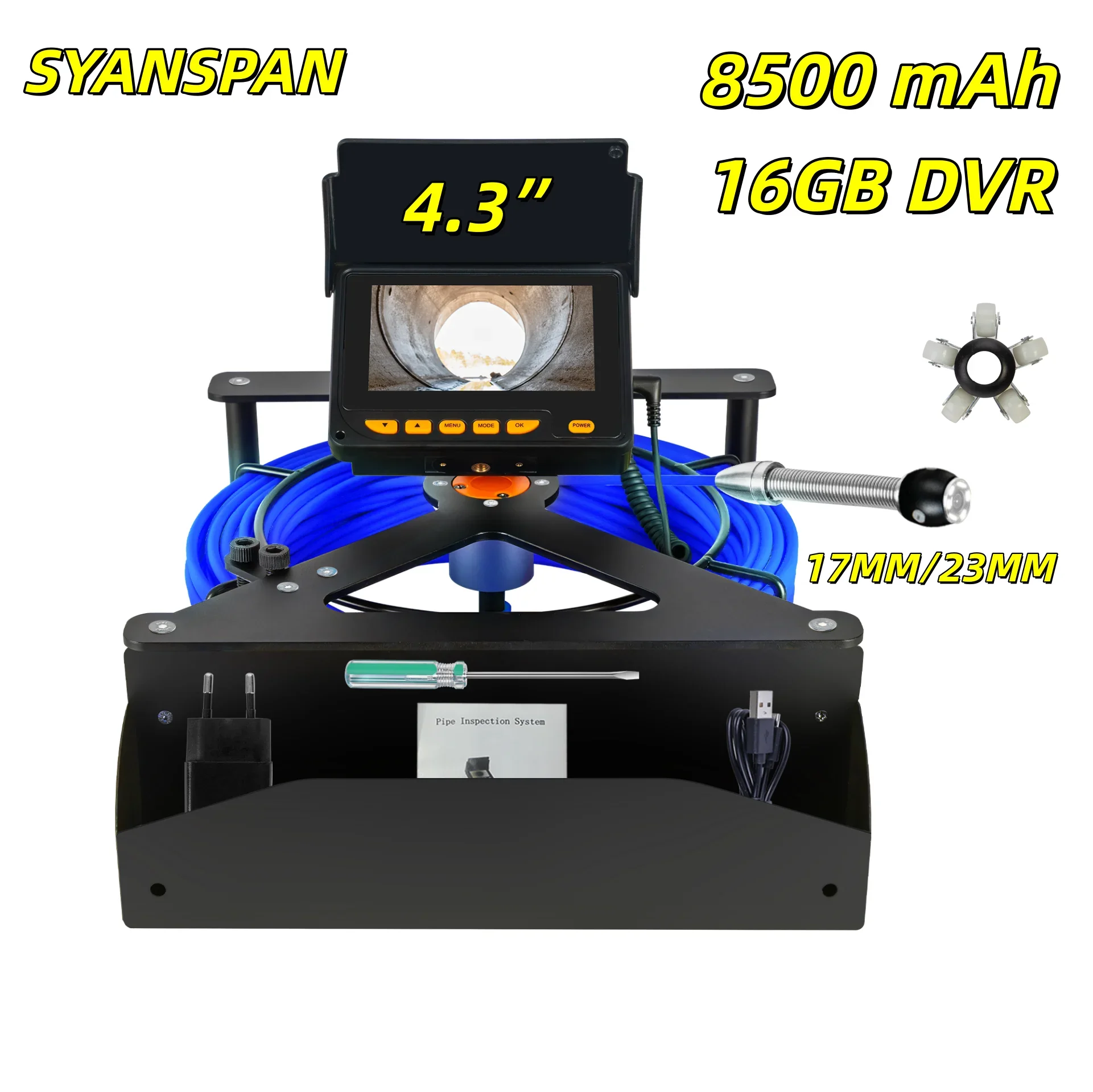 Sewer Pipe Inspection Camera DVR 16GB Video Recording,SYANSPAN Drain Industrial Endoscope Waterproof 8500MHA Battery 20/30/50M