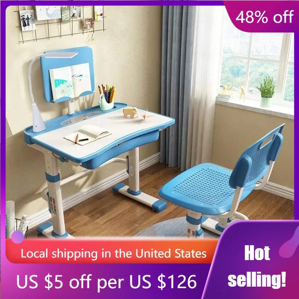 

Kids Desk and Chair Set, Height Adjustable Children School Study Desk with Tilt Desktop and Storage Drawer for Boys Girls,(Blue)