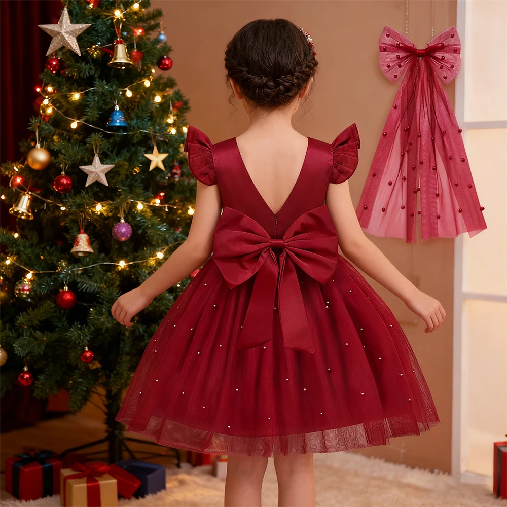 

New Year Girls Party Dresses Christmas Red Dress Girl Princess Dress Xmas Costume Kid Bowknot Birthday Dress Children's Clothing