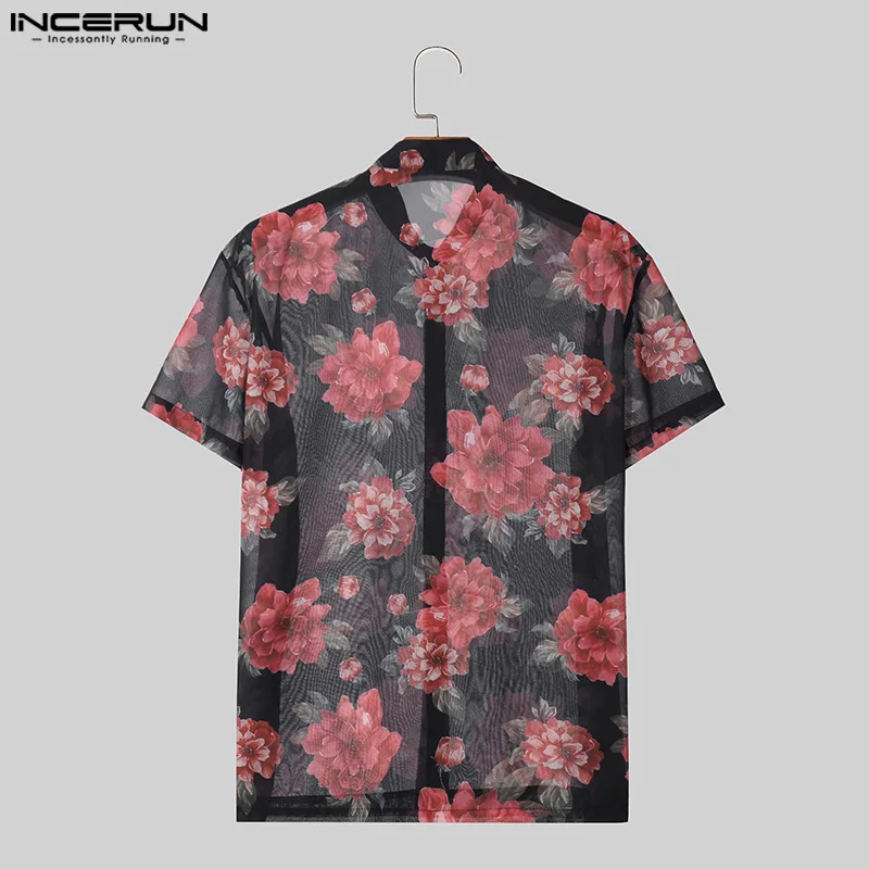 INCERUN Men Shirt Flower Printing Stand Collar Transparent Summer Men Clothing Streetwear 2024 Sexy Fashion Casual Camisas S-5XL