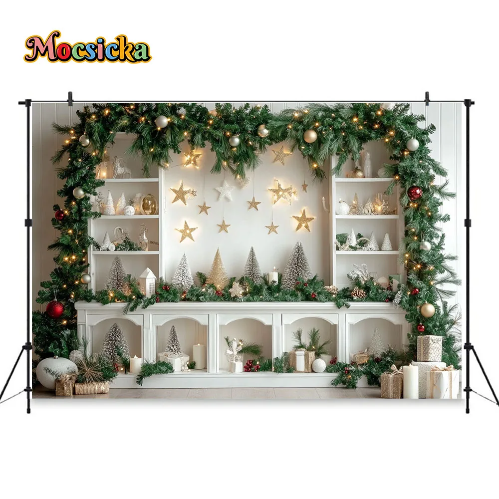 Christmas Cabinet Photography Background Gold Stars Xmas Wreath White Vintage Wall Backdrop New Year Gift for Kids Photobooth