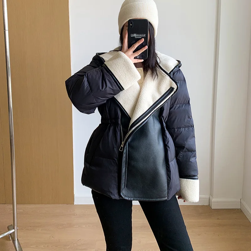 

Hooded Lambswool Splicing White Duck Down Jacket Women Autumn Winter Warm Outwear New Fur One Short Waist Korean Thick Coat