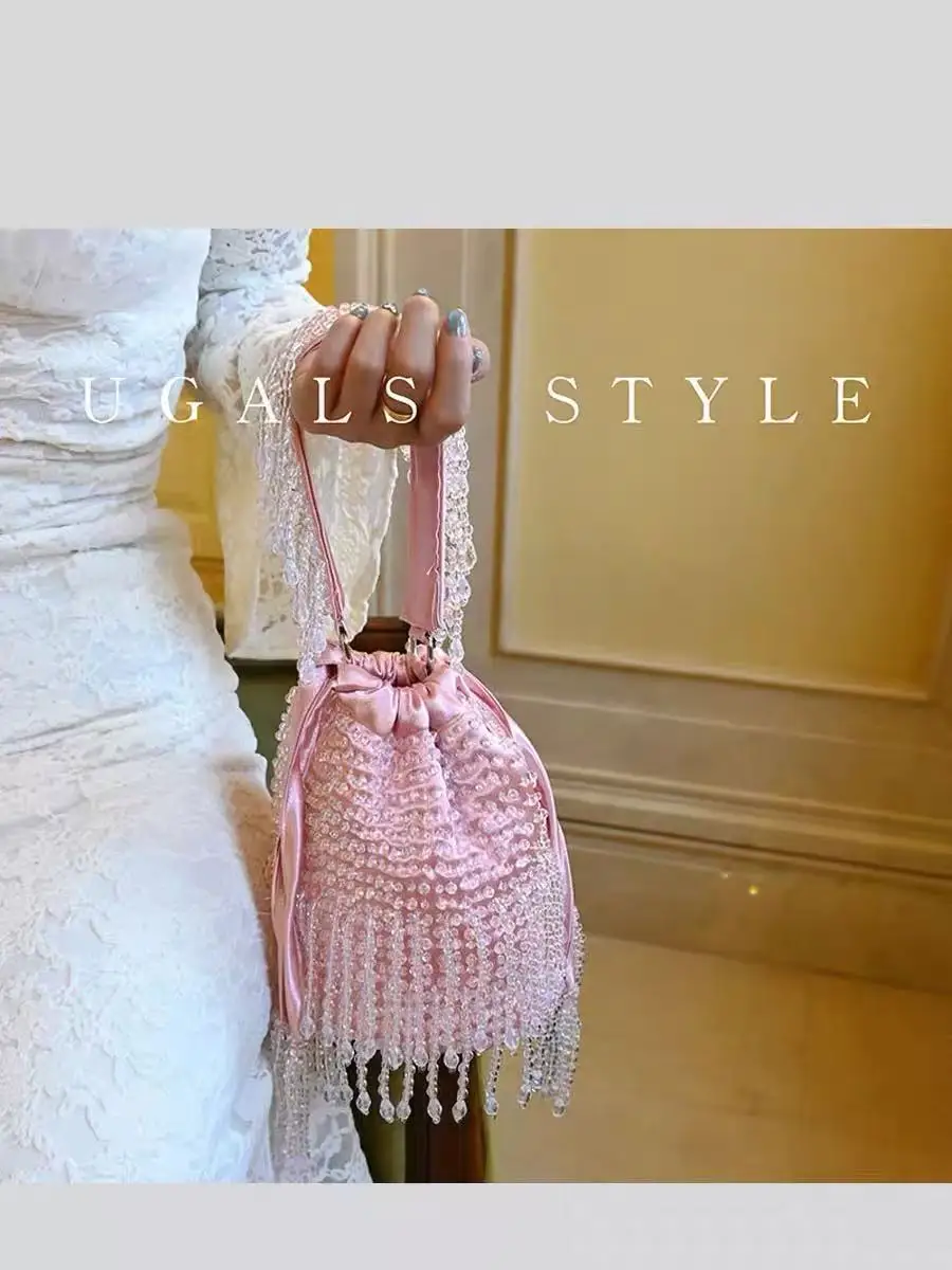 Transparent Beads Beaded Women's Handbag Beads Beading Tassel Handmade Satin Bucket Bag Lady Purse Female Shoulder Underarm Bag