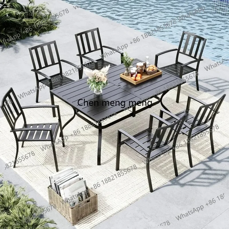 RR Outdoor Dining Set for 6, Patio Table and Chairs Set with Umbrella Hole, 7 Piece Metal Patio Furniture Set for Deck, Customiz