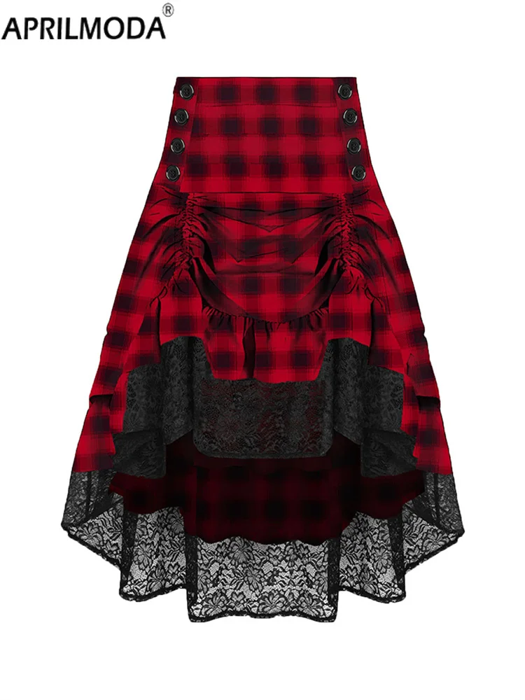 

High Waist Lace Steampunk Costume Vintage Plaid Print Skirt Red Green Purple Aesthetic Punk Grunge Lace Patchwork Gothic Skirts