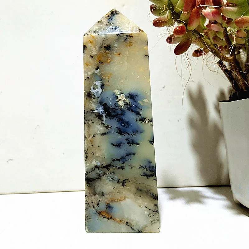 Natural Stone Dendritic Opal Crystal Tower Wand Point Four Prisms Wicca Chakra Healing Feng Shui Crystals Ornament