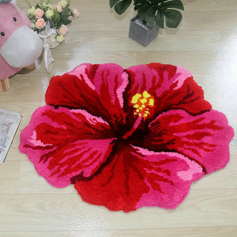 Red Hibiscus Soft Tufting Carpet Irregular Plush Rug Bathroom Floor Mat Home Living Room Bedroom Decor Carpet Wholesales