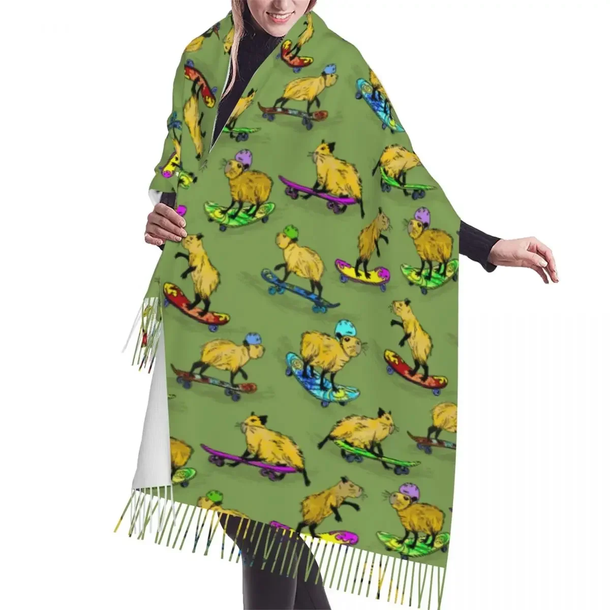 Ladies Large Funny Capybaras On A Skateboard Scarves Women Winter Fall Soft Warm Tassel Shawl Wrap Versatile Female Scarf