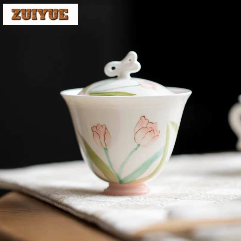 

95 мл ручная роспись тюльпан белый фарфор Gaiwan Zen чайная варенья чайная чаша с крышкой комплект чайник крышка чаша чайный набор коллекция ремесло