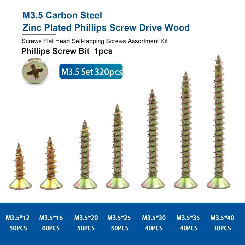 320pcs Wood Screw Kit M3.5 Cross Recessed Fiberboard Screw Zinc Plated Flat Phillips Head Self Tapping Screw for Chipboard