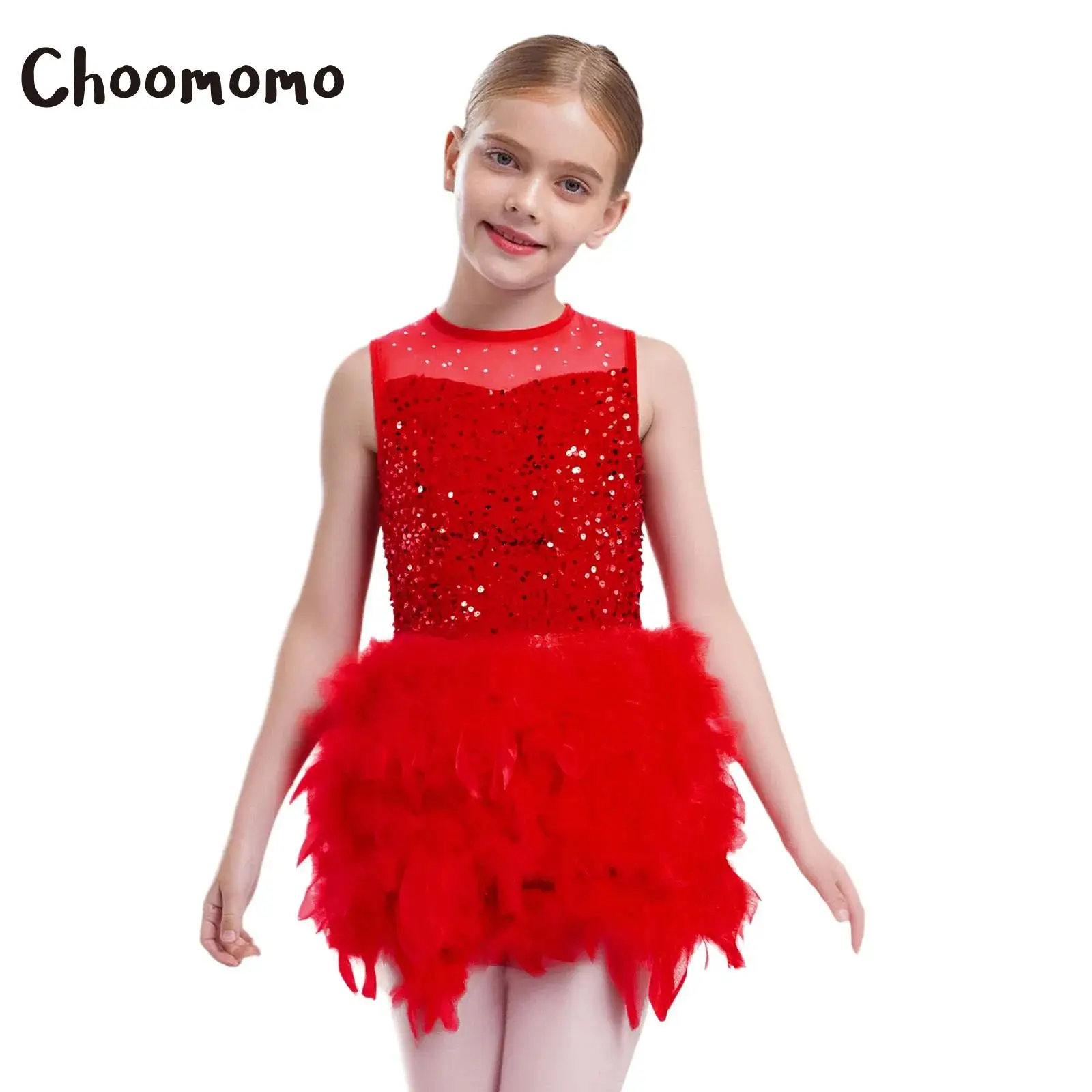 

Girls Jazz Dance Performance Costume Ballet Leotard Dress Sparkly Sequins Bodice Feather Tulle Skirted Velvet Skating Tutu Dress