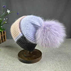 Cappello lavorato a maglia con palla di capelli di volpe vera per cappello lavorato a maglia colorato per capelli di coniglio con protezione per le orecchie Versatile autunno e inverno da donna