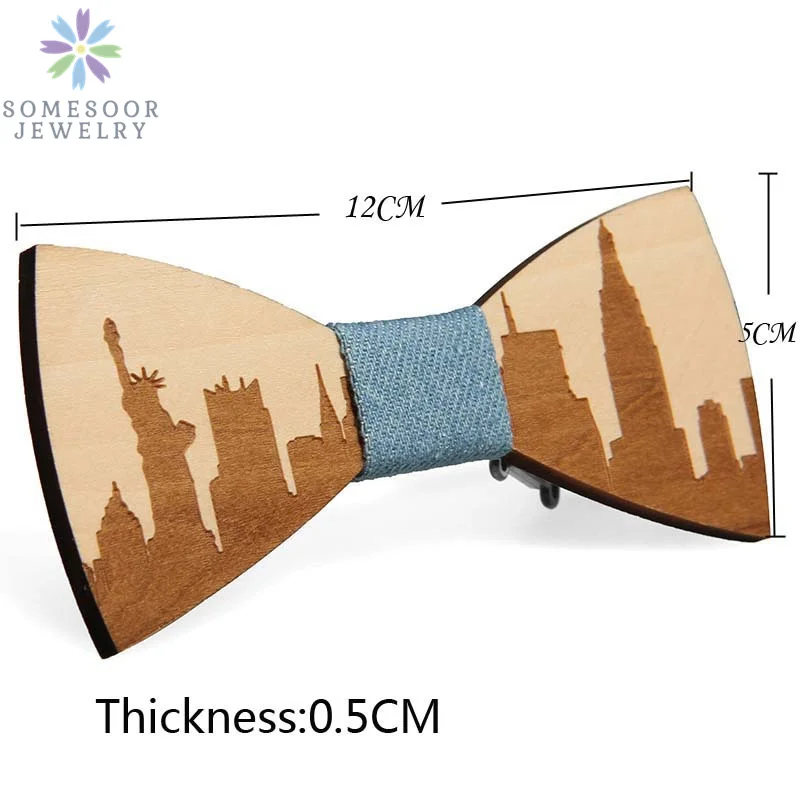 SOMESOOR Engraved American Cities Wooden Bowtie Chicago Washington New York Design Bowknots Neckties Wedding Suit For Men Gifts