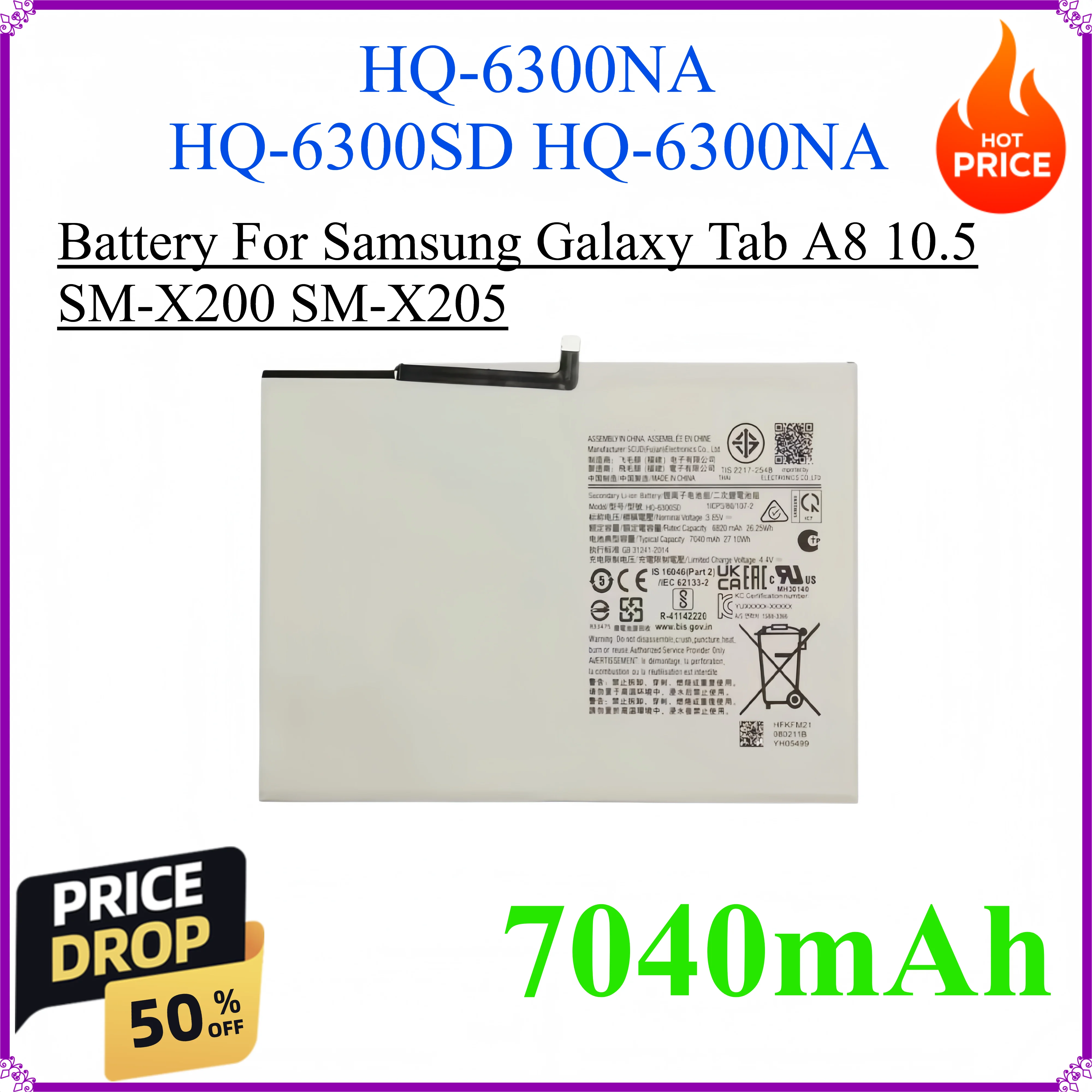

HQ-6300NA HQ-6300SD HQ-6300NA 7040mAh Battery x200 For Samsung Galaxy Tab A8 10.5 SM-X200 SM-X205