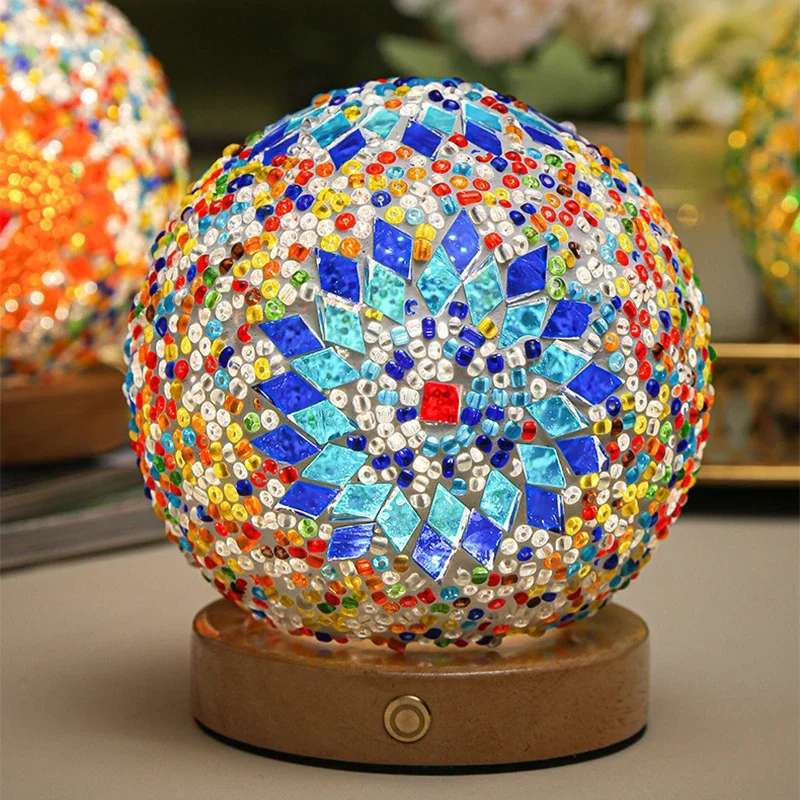 LED Desk Lamp USB Button Warm Dimming Stained Glass Bohemian National Style For Home Bar Bedroom Decor Creative LED Table Lamp