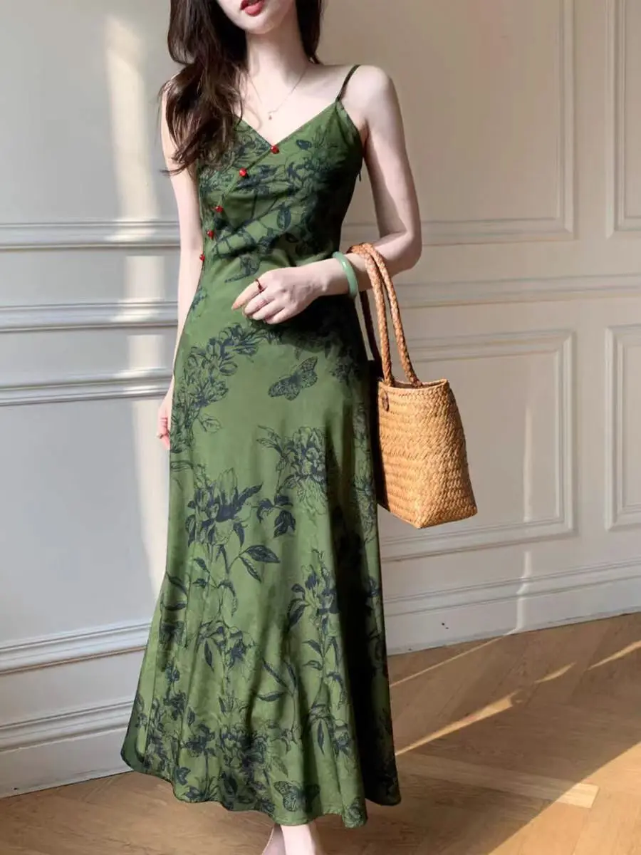 

Summer High-waisted Sleeveless Dark Green Suspender Over Knee Temperament Waist-hugging Dress for Women