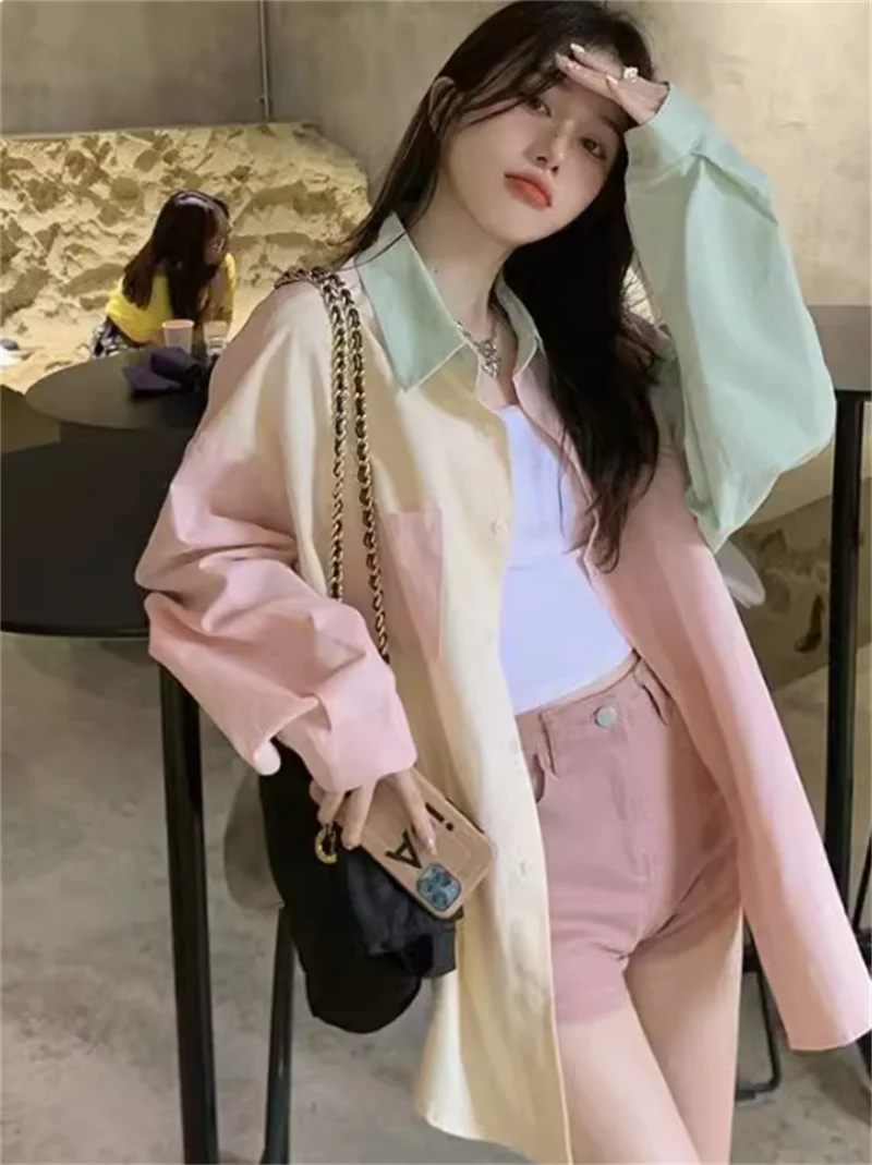 

Shirt Women's Design Sense Color Blocking Spring Autumn 2024 Small Fresh mid Length Unique Long Sleeved Sun Protection Cardigan