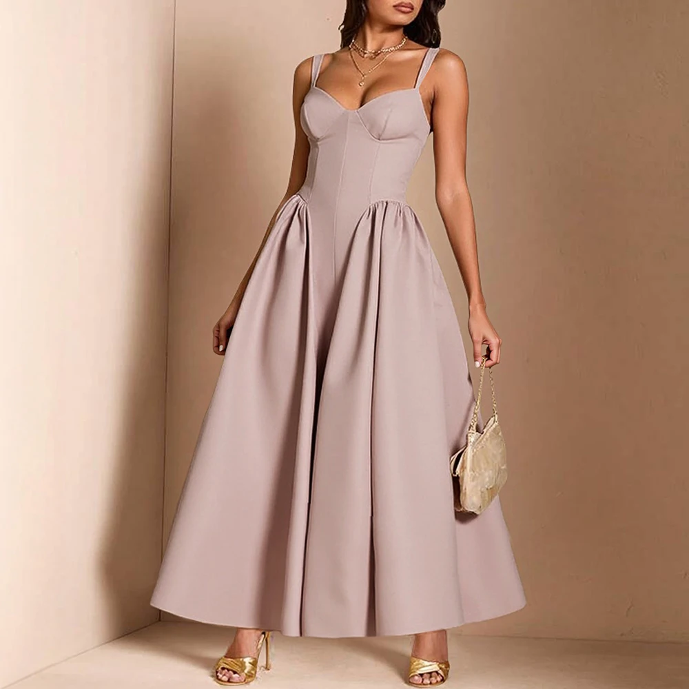 Damesjurken 2025, winter spaghettibandjes, V-hals, geplooid ontwerp, elegante feestdating, lange jurk