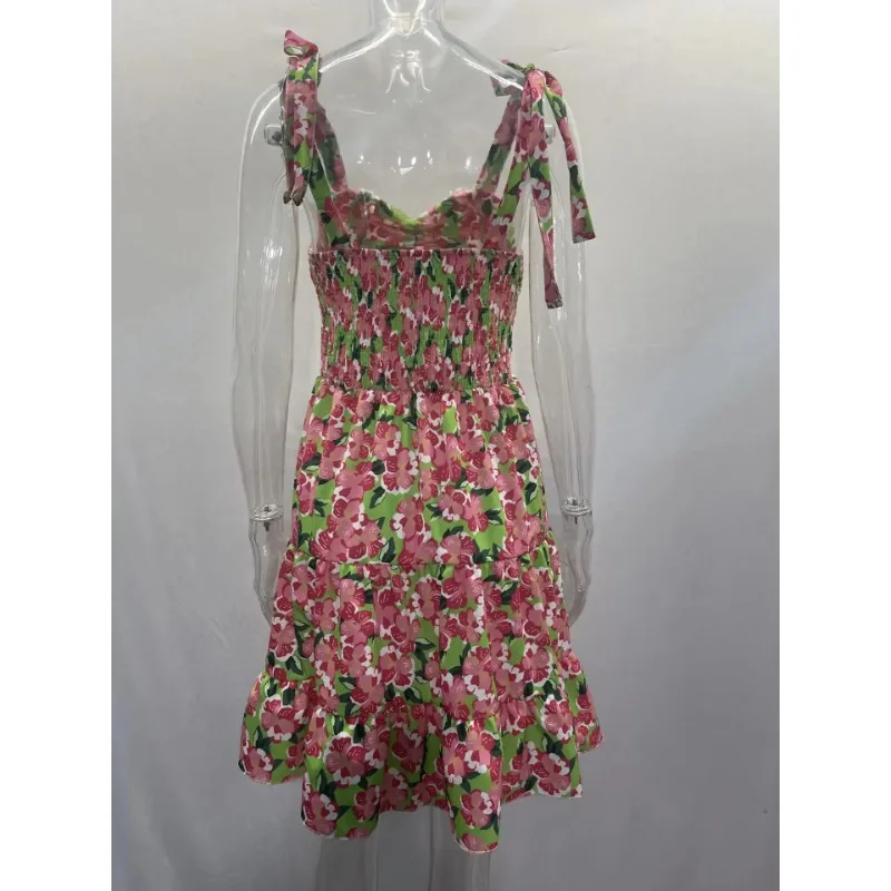 2023 Summer Fashion Short Boho Dress donna Mini abito con stampa floreale femminile senza maniche cintura appesa stampata abito piegato in vita